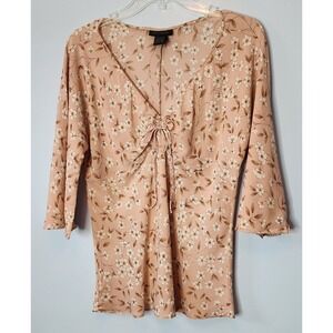 Vintage The Limited Silk Blouse Womens L Pink Floral V-Neck Bell Sleeve Cinch